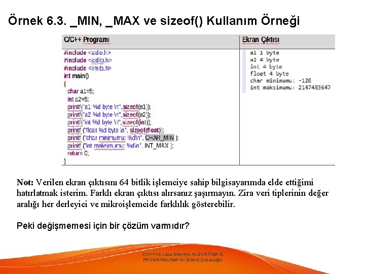 Örnek 6. 3. _MIN, _MAX ve sizeof() Kullanım Örneği Not: Verilen ekran çıktısını 64