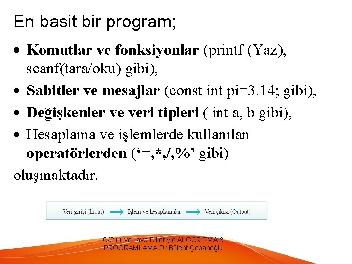 En basit bir program; Komutlar ve fonksiyonlar (printf (Yaz), scanf(tara/oku) gibi), Sabitler ve mesajlar