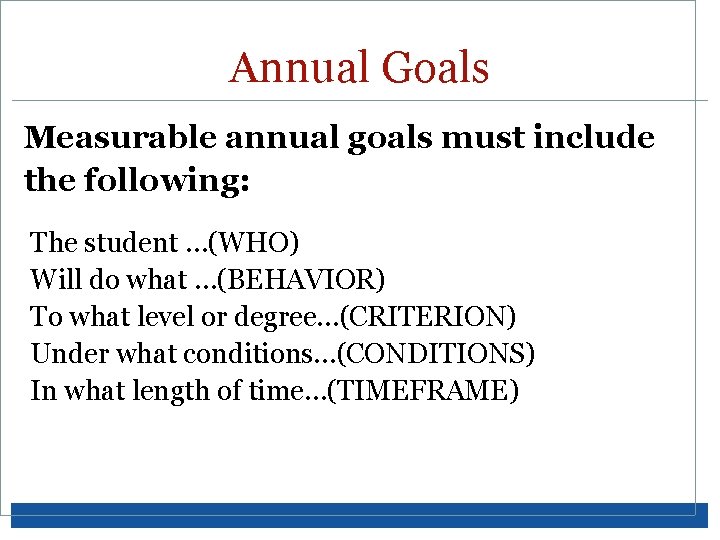 Annual Goals Measurable annual goals must include the following: The student …(WHO) Will do