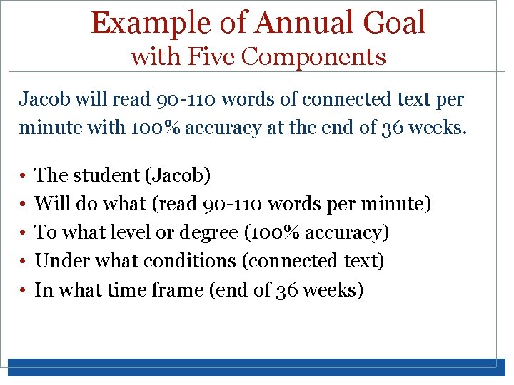 Example of Annual Goal with Five Components Jacob will read 90 -110 words of