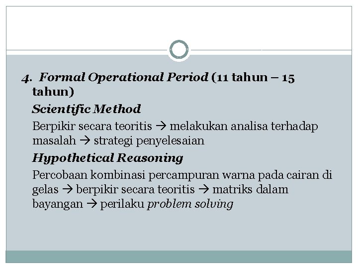 4. Formal Operational Period (11 tahun – 15 tahun) Scientific Method Berpikir secara teoritis