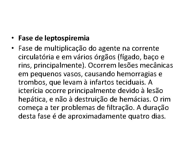  • Fase de leptospiremia • Fase de multiplicação do agente na corrente circulatória