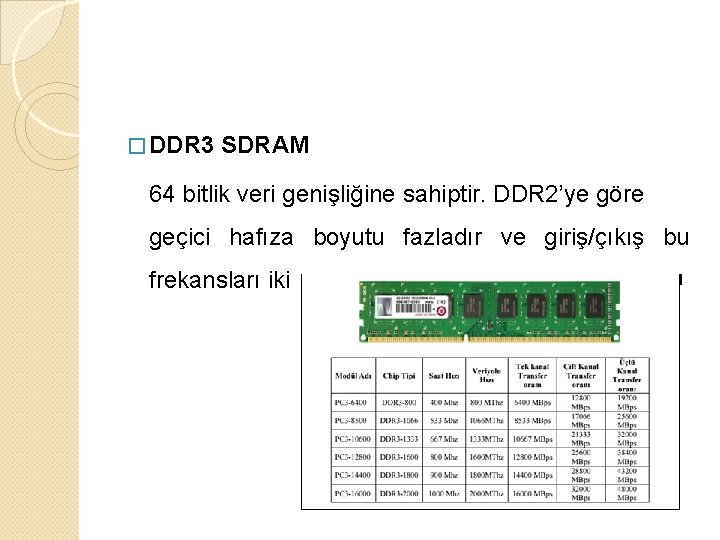 � DDR 3 SDRAM 64 bitlik veri genişliğine sahiptir. DDR 2’ye göre geçici hafıza