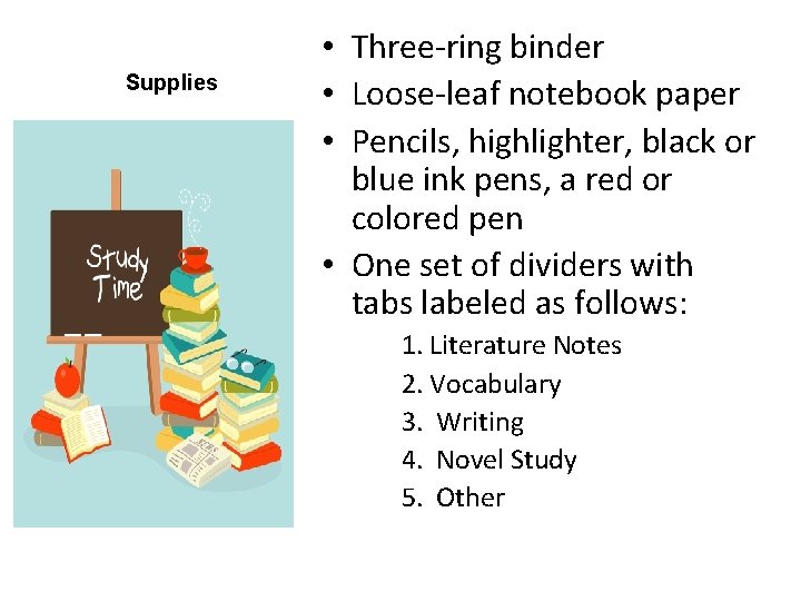 Supplies • Three-ring binder • Loose-leaf notebook paper • Pencils, highlighter, black or blue