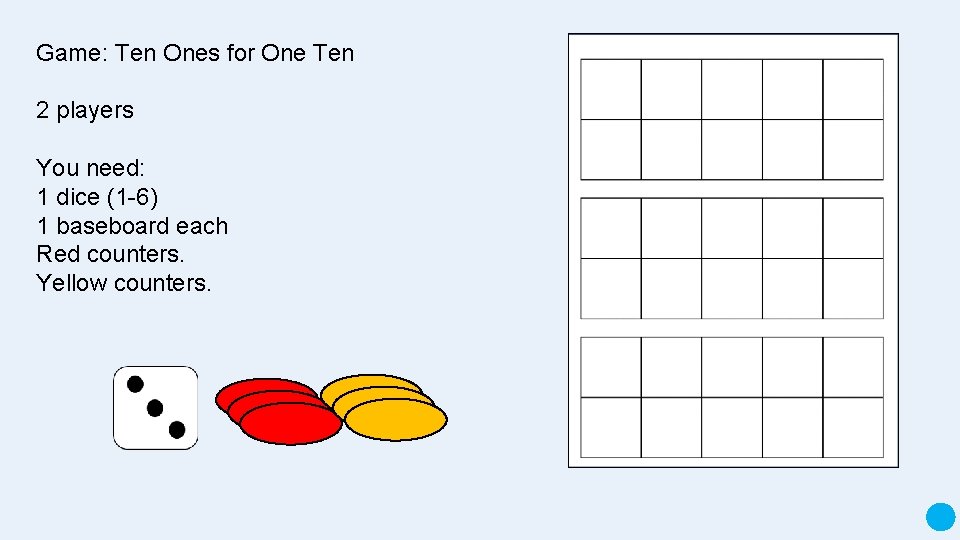 Game: Ten Ones for One Ten 2 players You need: 1 dice (1 -6)