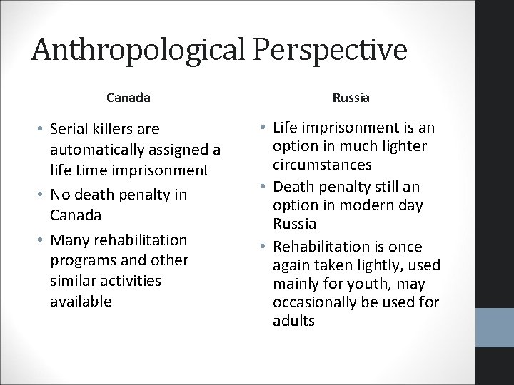 Anthropological Perspective Canada Russia • Serial killers are automatically assigned a life time imprisonment Anthropological Perspective Canada Russia • Serial killers are automatically assigned a life time imprisonment