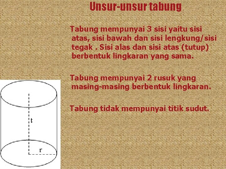 Unsur-unsur tabung Tabung mempunyai 3 sisi yaitu sisi atas, sisi bawah dan sisi lengkung/sisi
