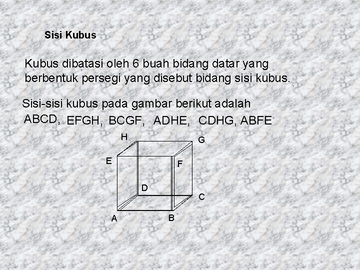 Sisi Kubus dibatasi oleh 6 buah bidang datar yang berbentuk persegi yang disebut bidang