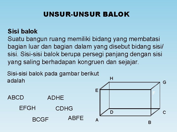 UNSUR-UNSUR BALOK Sisi balok Suatu bangun ruang memiliki bidang yang membatasi bagian luar dan