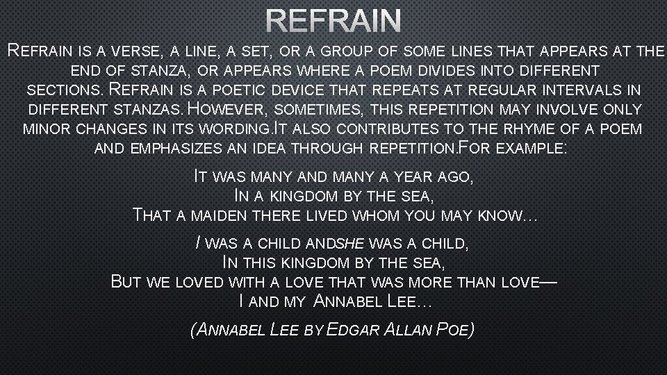REFRAIN IS A VERSE, A LINE, A SET, OR A GROUP OF SOME LINES REFRAIN IS A VERSE, A LINE, A SET, OR A GROUP OF SOME LINES