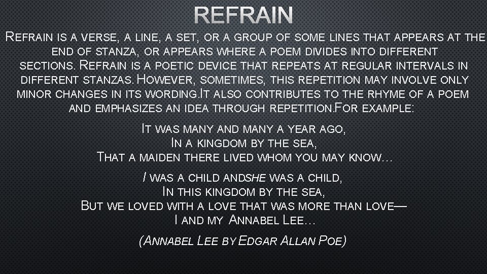 REFRAIN IS A VERSE, A LINE, A SET, OR A GROUP OF SOME LINES