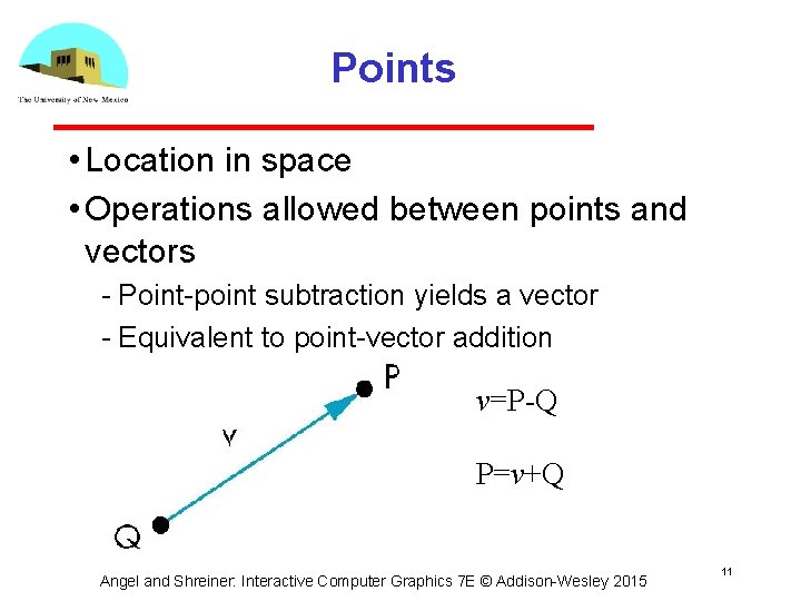 Points • Location in space • Operations allowed between points and vectors Point point