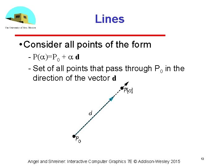 Lines • Consider all points of the form P( )=P 0 + d Set