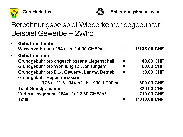 Gemeinde Ins Entsorgungskommission Berechnungsbeispiel Wiederkehrendegebühren Beispiel Gewerbe + 2 Whg • • Gebühren heute: