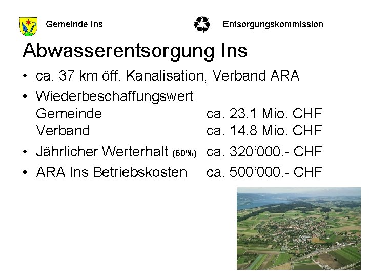Gemeinde Ins Entsorgungskommission Abwasserentsorgung Ins • ca. 37 km öff. Kanalisation, Verband ARA •
