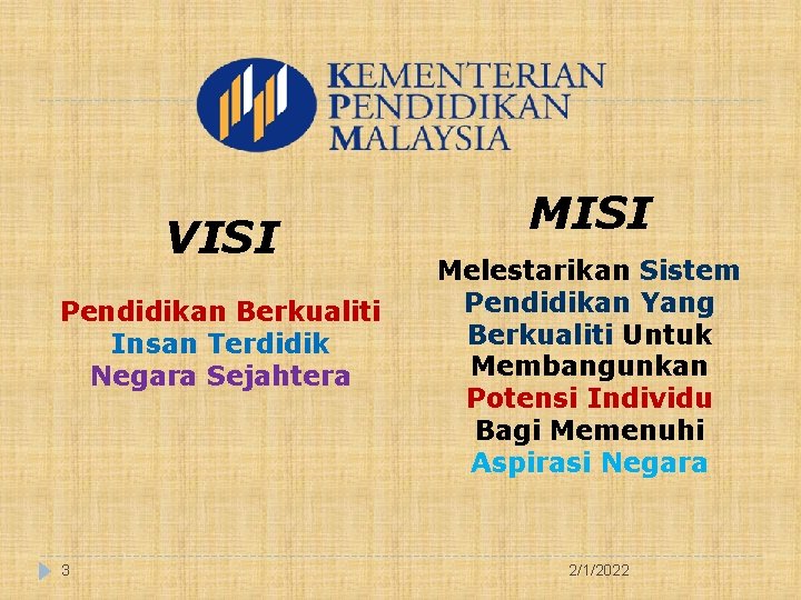 VISI Pendidikan Berkualiti Insan Terdidik Negara Sejahtera 3 MISI Melestarikan Sistem Pendidikan Yang Berkualiti