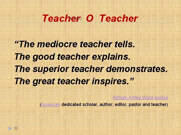 Teacher O Teacher 2/1/2022 “The mediocre teacher tells. The good teacher explains. The superior