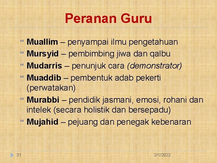 Peranan Guru 31 Muallim – penyampai ilmu pengetahuan Mursyid – pembimbing jiwa dan qalbu