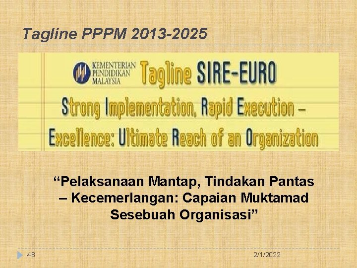 Tagline PPPM 2013 -2025 “Pelaksanaan Mantap, Tindakan Pantas – Kecemerlangan: Capaian Muktamad Sesebuah Organisasi”