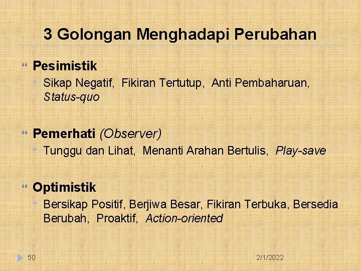 3 Golongan Menghadapi Perubahan Pesimistik Pemerhati (Observer) Sikap Negatif, Fikiran Tertutup, Anti Pembaharuan, Status-quo