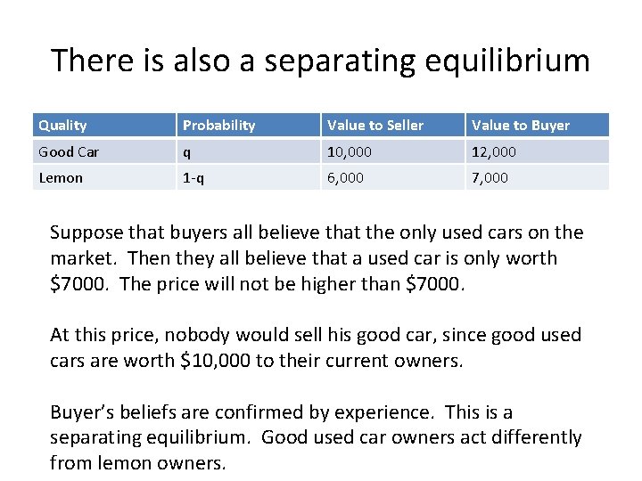 There is also a separating equilibrium Quality Probability Value to Seller Value to Buyer