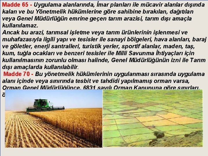 Madde 65 - Uygulama alanlarında, İmar planları ile mücavir alanlar dışında kalan ve bu