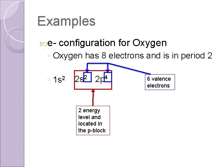 Examples e- configuration for Oxygen ◦ Oxygen has 8 electrons and is in period