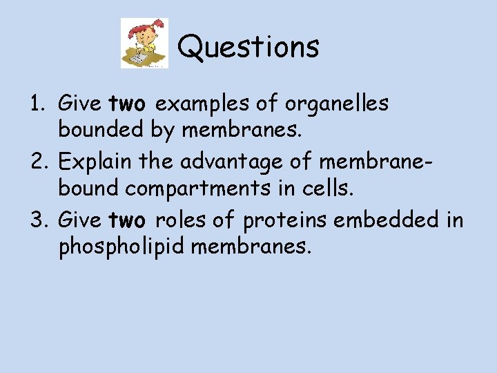 Questions 1. Give two examples of organelles bounded by membranes. 2. Explain the advantage