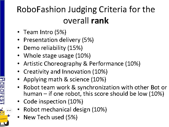 Robo. Fashion Judging Criteria for the overall rank Team Intro (5%) Presentation delivery (5%)