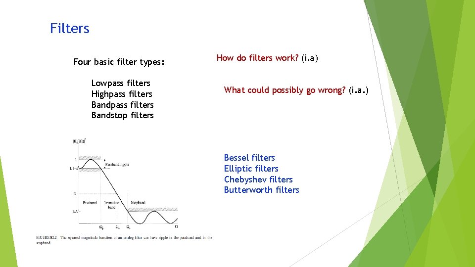 Filters Four basic filter types: Lowpass filters Highpass filters Bandstop filters How do filters