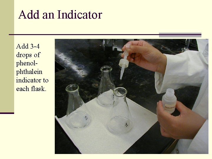 Add an Indicator Add 3 -4 drops of phenolphthalein indicator to each flask. 