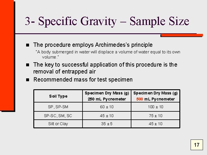 3 - Specific Gravity – Sample Size n The procedure employs Archimedes’s principle “A