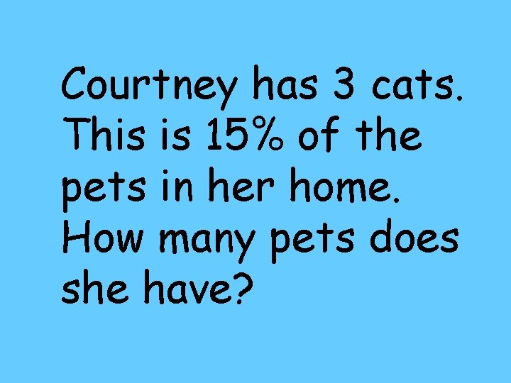 Courtney has 3 cats. This is 15% of the pets in her home. How