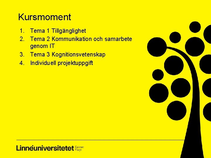 Kursmoment 1. Tema 1 Tillgänglighet 2. Tema 2 Kommunikation och samarbete genom IT 3.