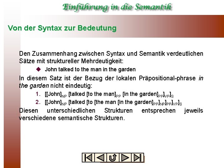 Von der Syntax zur Bedeutung Den Zusammenhang zwischen Syntax und Semantik verdeutlichen Sätze mit