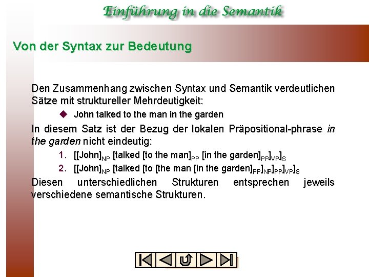 Von der Syntax zur Bedeutung Den Zusammenhang zwischen Syntax und Semantik verdeutlichen Sätze mit