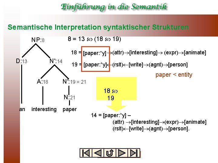 Semantische Interpretation syntaktischer Strukturen 8 = 13 (18 19) NP: 8 18 = [paper:
