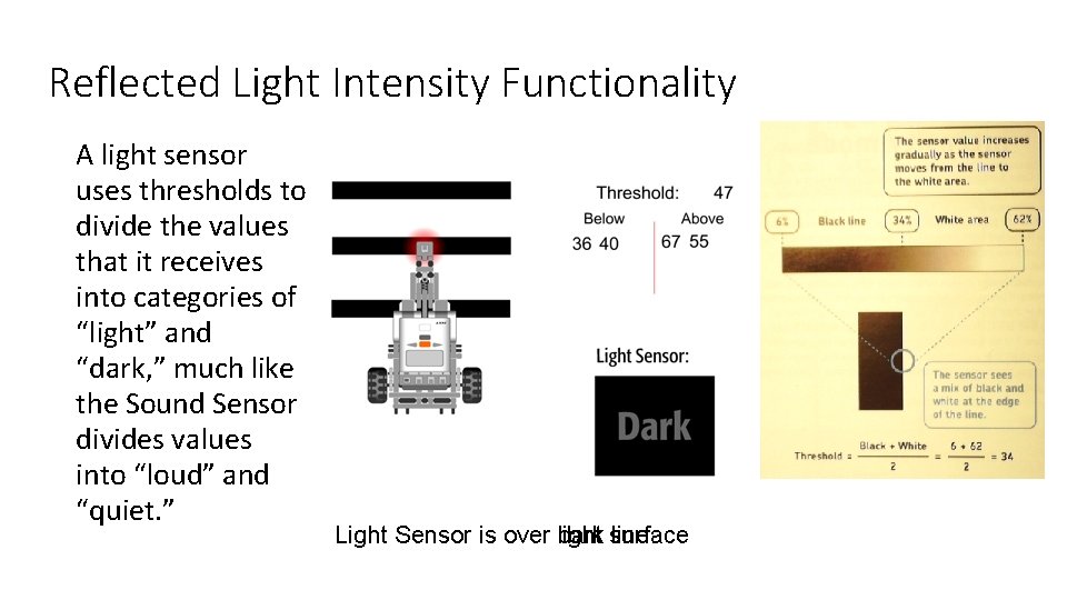 Reflected Light Intensity Functionality A light sensor uses thresholds to divide the values that Reflected Light Intensity Functionality A light sensor uses thresholds to divide the values that