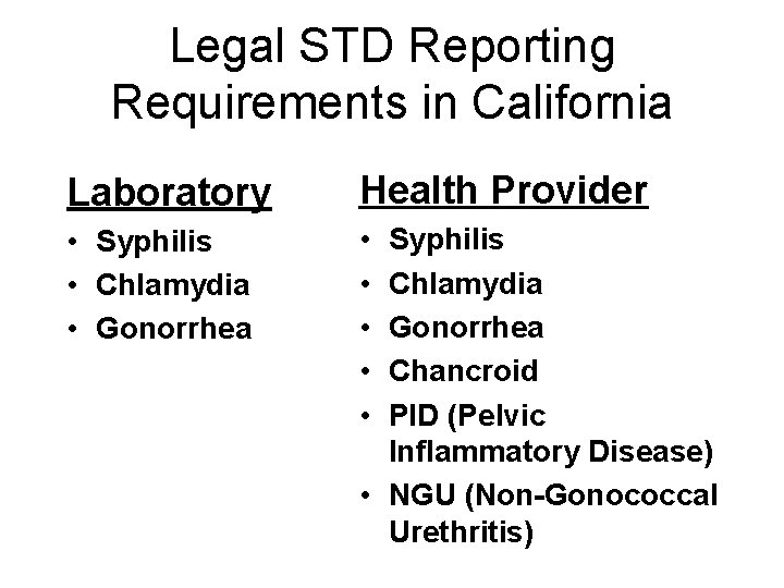 Legal STD Reporting Requirements in California Laboratory Health Provider • Syphilis • Chlamydia •