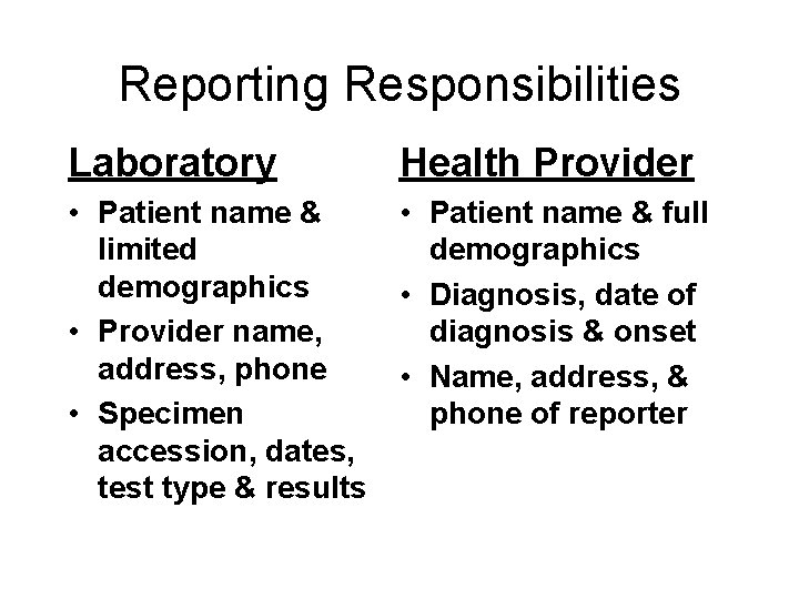 Reporting Responsibilities Laboratory Health Provider • Patient name & limited demographics • Provider name,