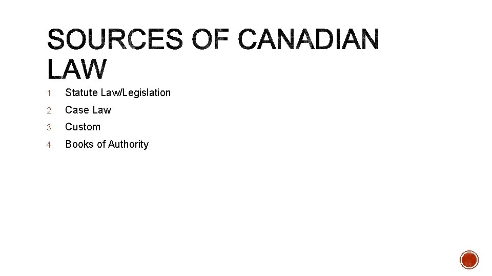 1. Statute Law/Legislation 2. Case Law 3. Custom 4. Books of Authority 