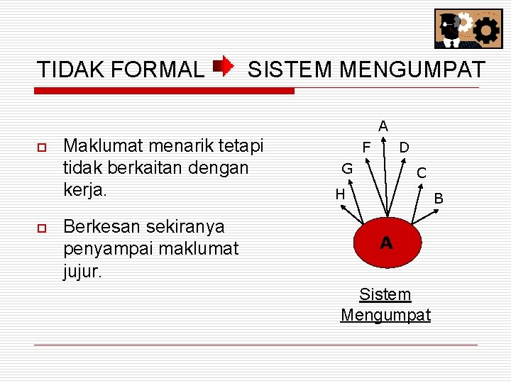 TIDAK FORMAL SISTEM MENGUMPAT A o o Maklumat menarik tetapi tidak berkaitan dengan kerja.