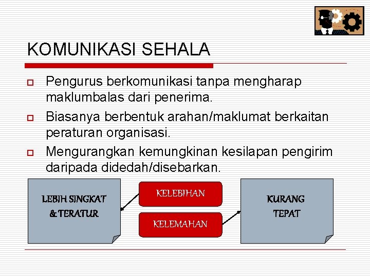 KOMUNIKASI SEHALA o o o Pengurus berkomunikasi tanpa mengharap maklumbalas dari penerima. Biasanya berbentuk