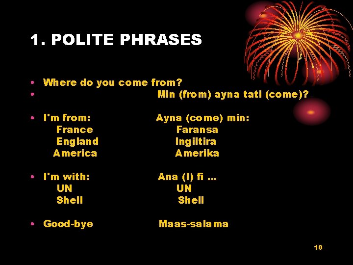 1. POLITE PHRASES • Where do you come from? • Min (from) ayna tati