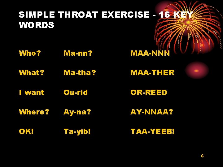 SIMPLE THROAT EXERCISE - 16 KEY WORDS Who? Ma-nn? MAA-NNN What? Ma-tha? MAA-THER I