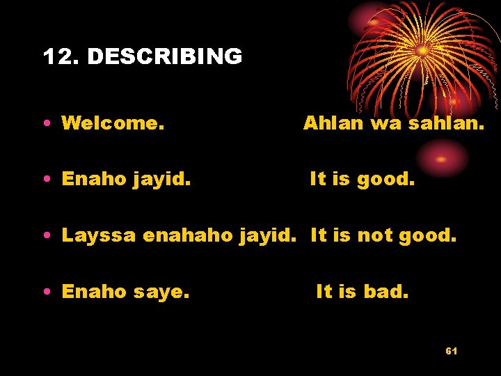 12. DESCRIBING • Welcome. • Enaho jayid. Ahlan wa sahlan. It is good. •