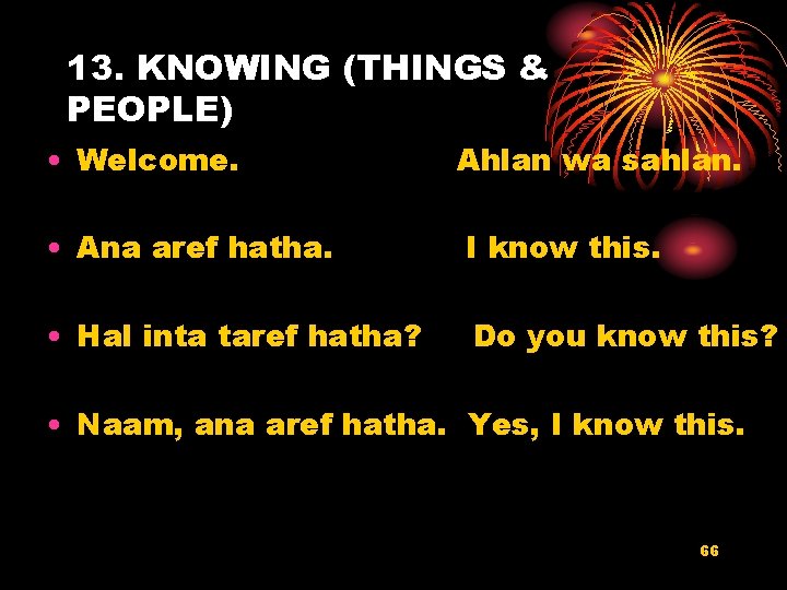 13. KNOWING (THINGS & PEOPLE) • Welcome. Ahlan wa sahlan. • Ana aref hatha.