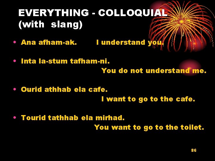 EVERYTHING - COLLOQUIAL (with slang) • Ana afham-ak. I understand you. • Inta la-stum