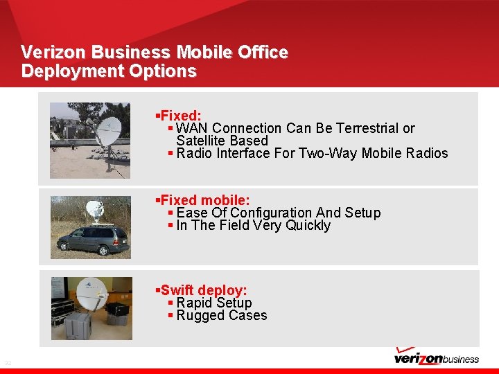 Verizon Business Mobile Office Deployment Options §Fixed: § WAN Connection Can Be Terrestrial or