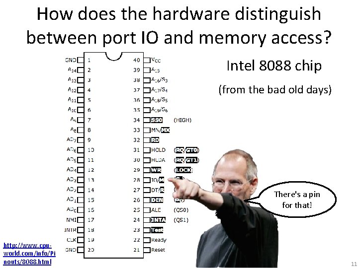 How does the hardware distinguish between port IO and memory access? Intel 8088 chip